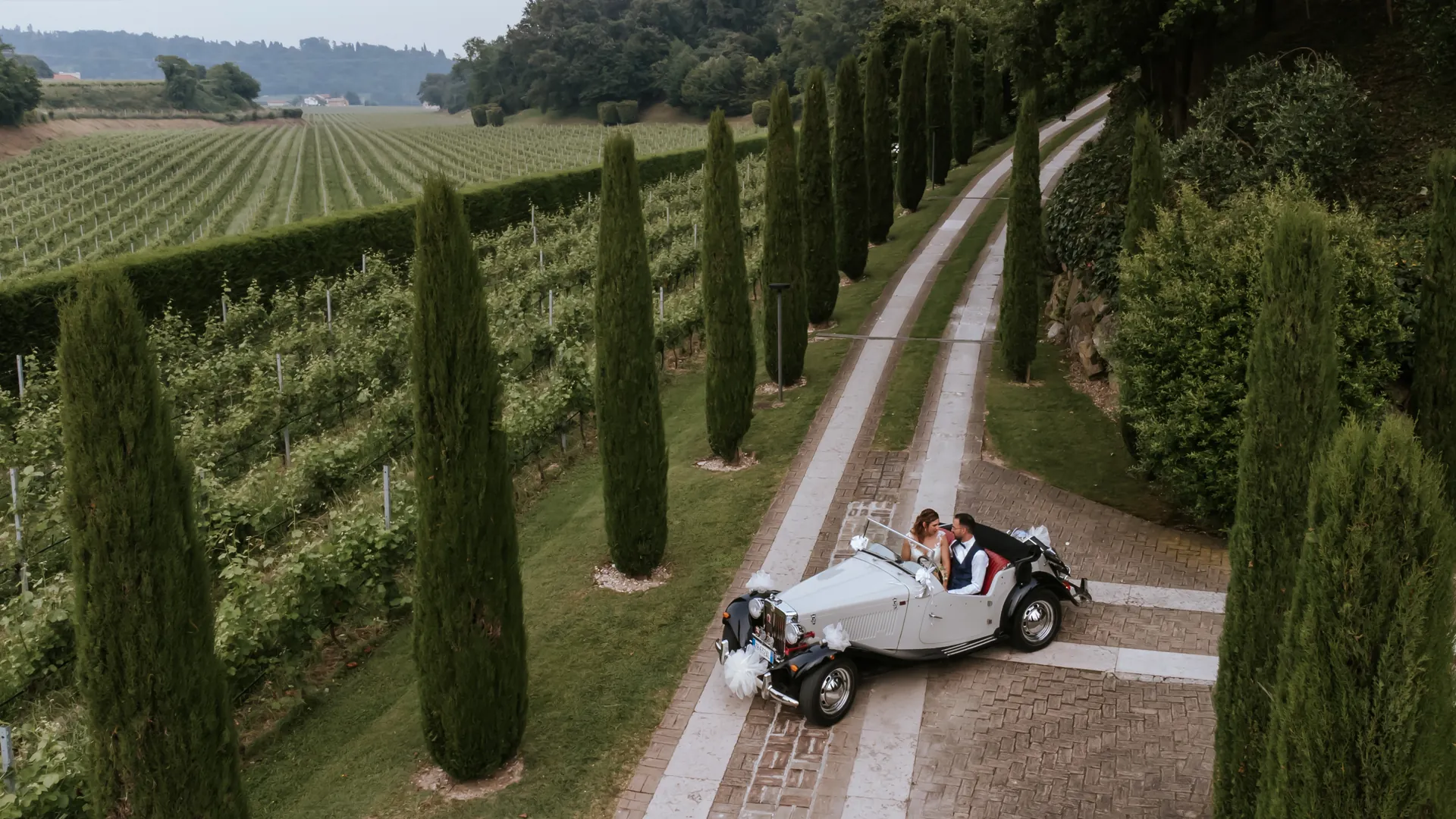 La coppia in auto lungo il viale fra i vigneti di Custoza